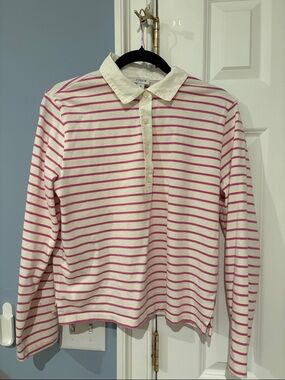 J. Crew Cream and Pink Striped Long-Sleeve Polo